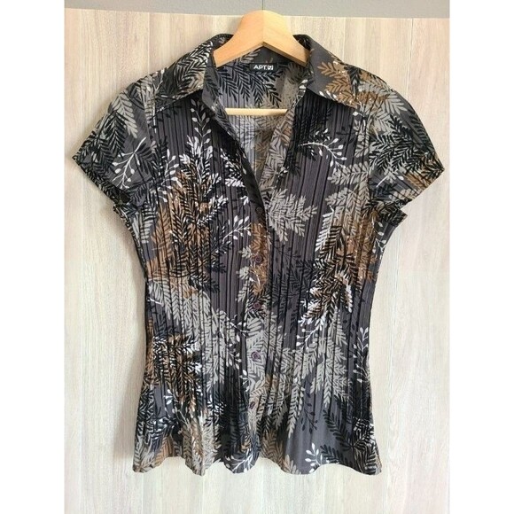 APT. 9 Pleated Blouse Petite PS Gray Brown Leaf Print Button Front Short Sleeve - Picture 1 of 6